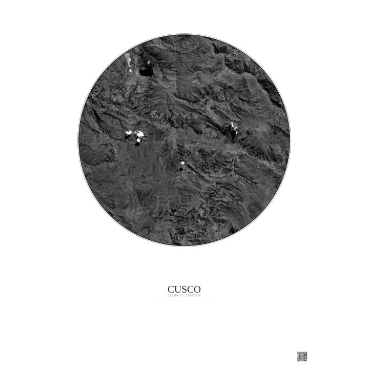 Affiche Cusco – Poster vue satellite 20km N&B | Gravura – Fond clair