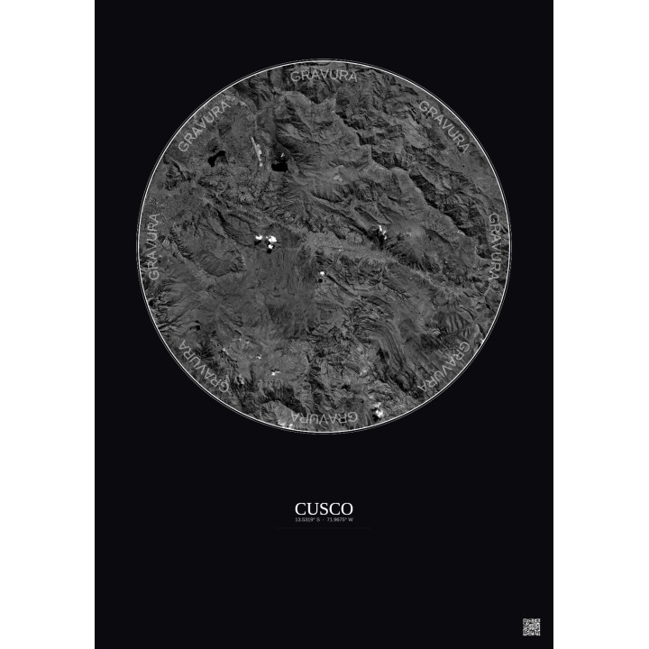 Affiche Cusco – Poster vue satellite 30km N&B | Gravura – Fond foncé