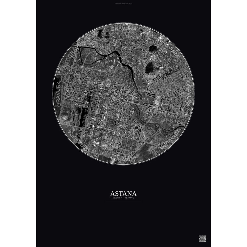 Affiche Astana – Poster vue satellite 6km N&B | Gravura – Fond foncé