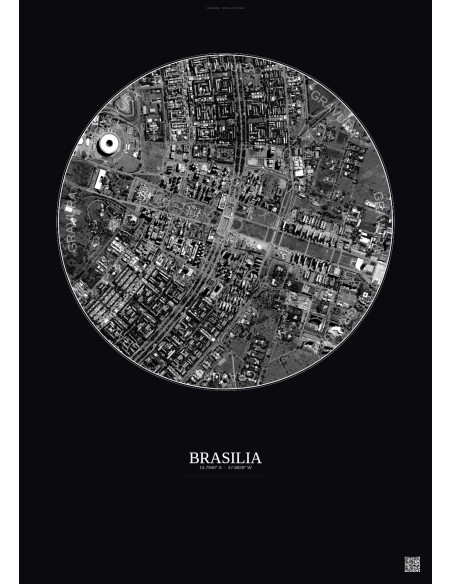 Affiche Brasilia – Poster vue satellite 2.5km N&B | Gravura – Fond foncé