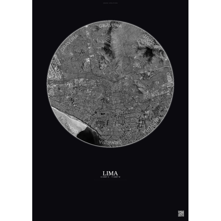Affiche Lima – Poster vue satellite 10km N&B | Gravura – Fond foncé