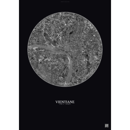 Affiche Vientiane – Poster vue satellite 10km N&B | Gravura – Fond foncé