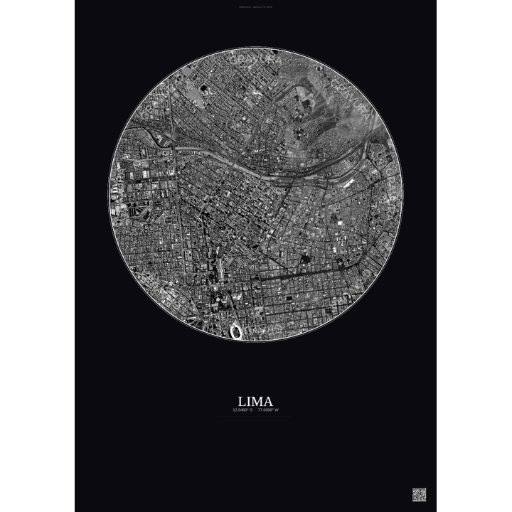 Affiche Lima – Poster vue satellite 2.5km N&B | Gravura – Fond foncé