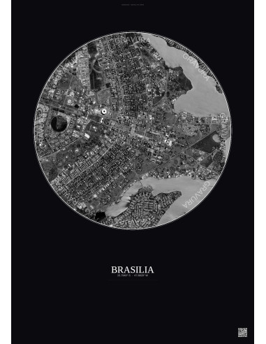 Affiche Brasilia – Poster vue satellite 6km N&B | Gravura – Fond foncé