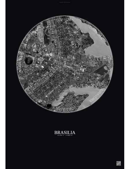 Affiche Brasilia – Poster vue satellite 6km N&B | Gravura – Fond foncé