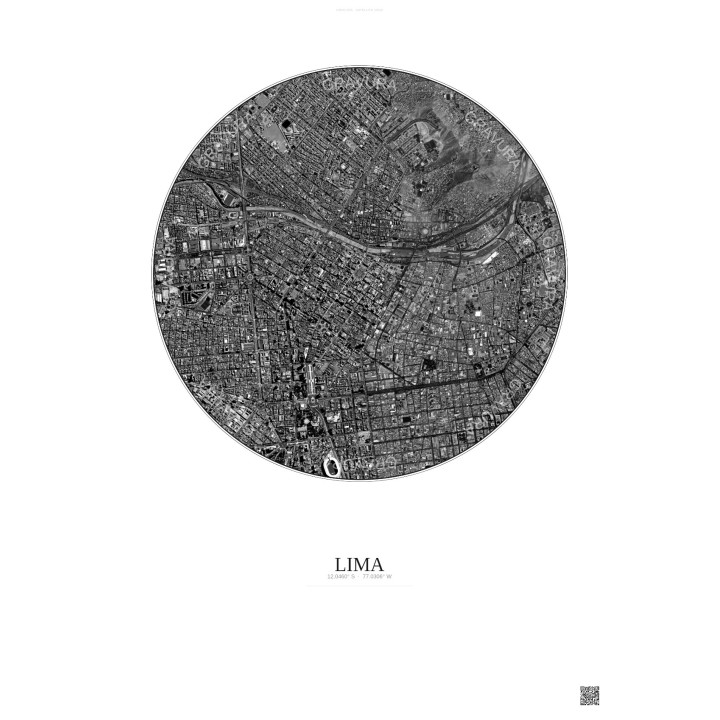 Affiche Lima – Poster vue satellite 2.5km N&B | Gravura – Fond clair