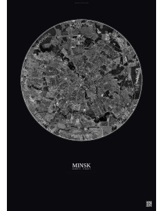Affiche Minsk – Poster vue satellite 10km N&B | Gravura – Fond foncé