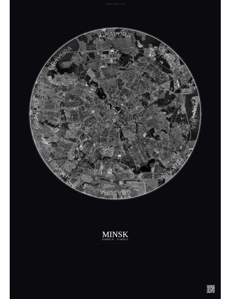 Affiche Minsk – Poster vue satellite 10km N&B | Gravura – Fond foncé