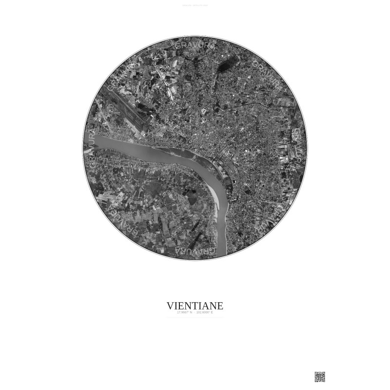 Affiche Vientiane – Poster vue satellite 6km N&B | Gravura – Fond clair