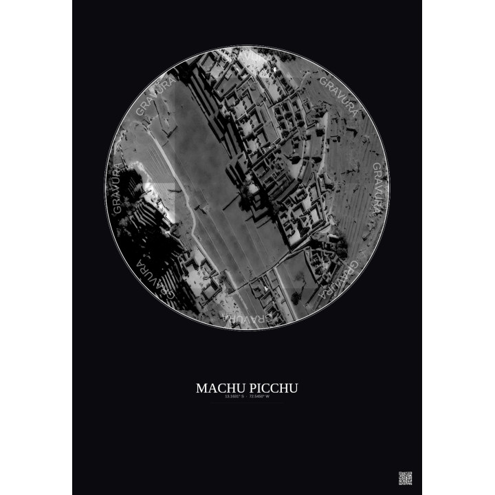 Affiche Machu Picchu – Poster vue satellite 0.1km N&B | Gravura – Fond foncé
