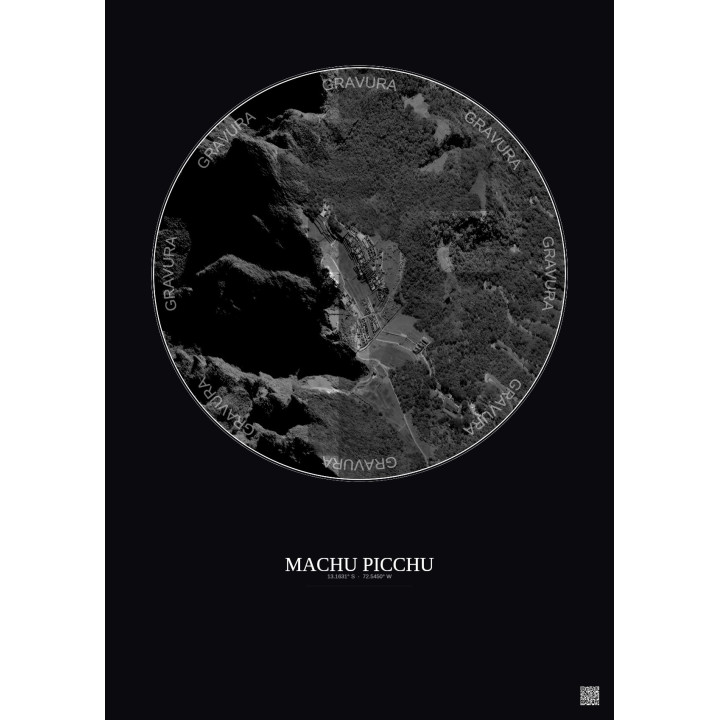 Affiche Machu Picchu – Poster vue satellite 0.5km N&B | Gravura – Fond foncé