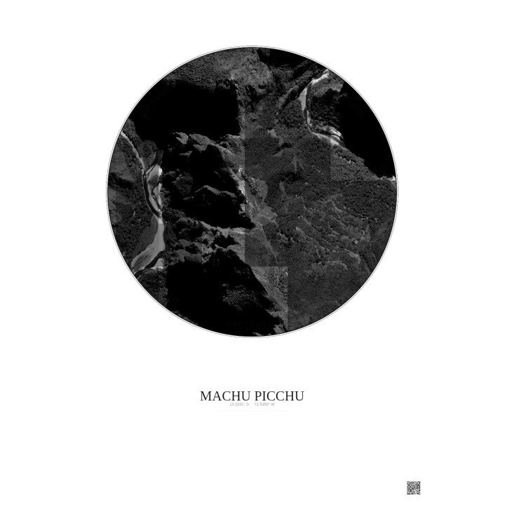 Machu Picchu Satellite View Poster 1km B&W | Gravura – Light background