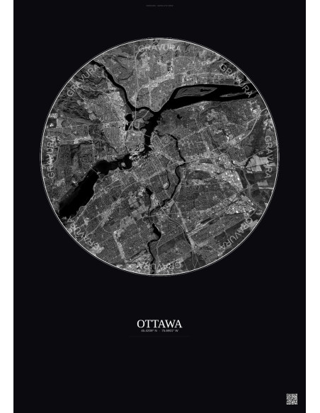 Ottawa Satellite View Poster 10km B&W | Gravura – Dark background