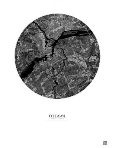 Affiche Ottawa – Poster vue satellite 10km N&B | Gravura – Fond clair