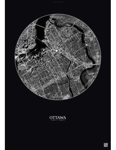 Affiche Ottawa – Poster vue satellite 2.5km N&B | Gravura – Fond foncé