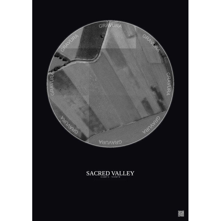 Affiche Sacred Valley – Poster vue satellite 0.1km N&B | Gravura – Fond foncé