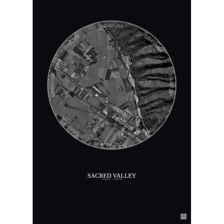 Affiche Sacred Valley – Poster vue satellite 0.5km N&B | Gravura – Fond foncé