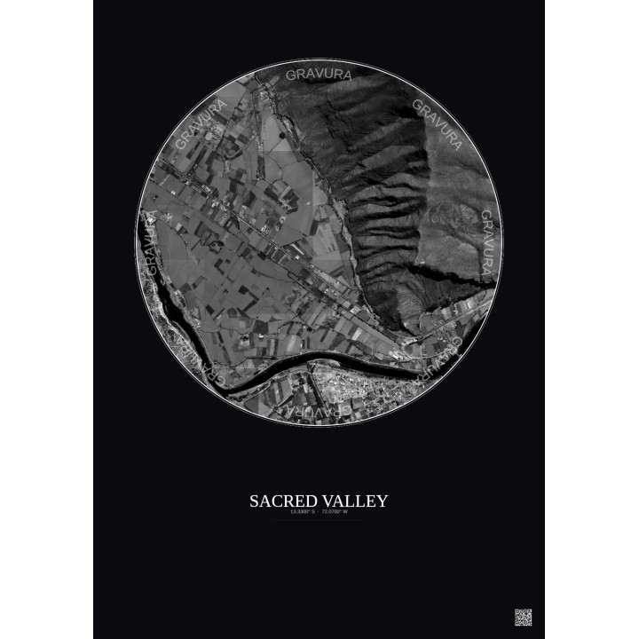 Sacred Valley Satellite View Poster 1km B&W | Gravura – Dark background