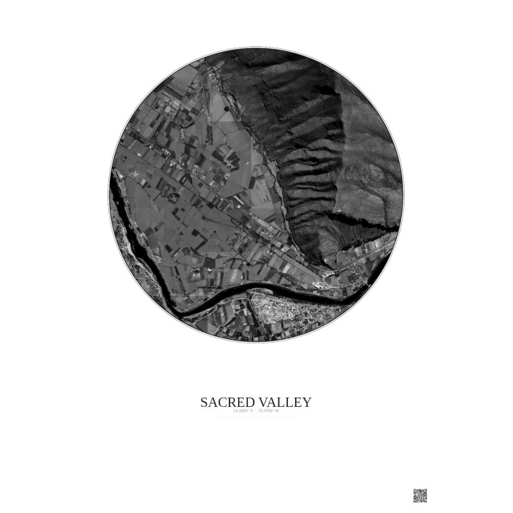 Sacred Valley Satellite View Poster 1km B&W | Gravura – Light background