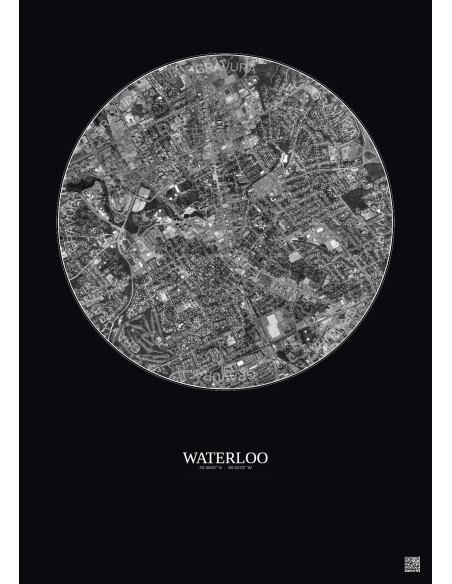 Affiche Waterloo – Poster vue satellite 2.5km N&B | Gravura – Fond foncé