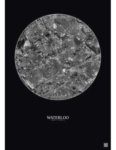 Affiche Waterloo – Poster vue satellite 5km N&B | Gravura – Fond foncé