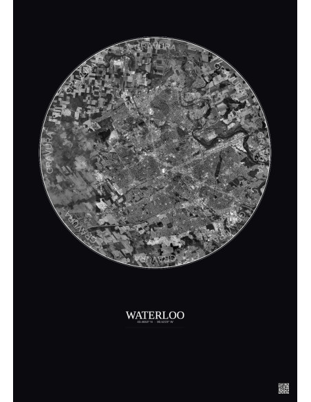 Waterloo Satellite View Poster 10km B&W | Gravura – Dark background