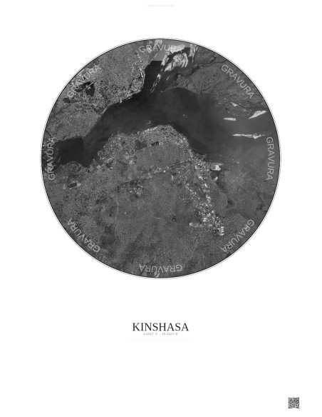 Affiche Kinshasa – Poster vue satellite 10km N&B | Gravura – Fond clair