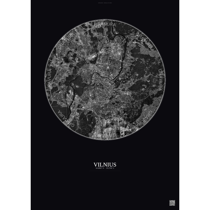 Affiche Vilnius – Poster vue satellite 6km N&B | Gravura – Fond foncé