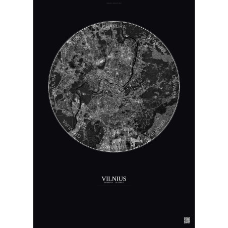 Affiche Vilnius – Poster vue satellite 6km N&B | Gravura – Fond foncé