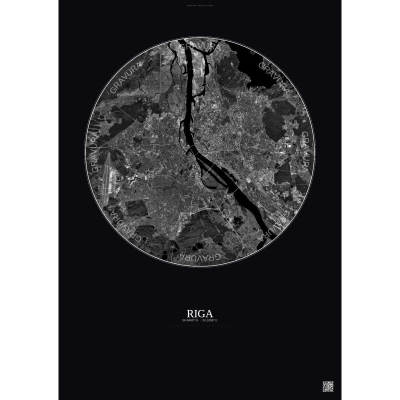 Affiche Riga – Poster vue satellite 10km N&B | Gravura – Fond foncé