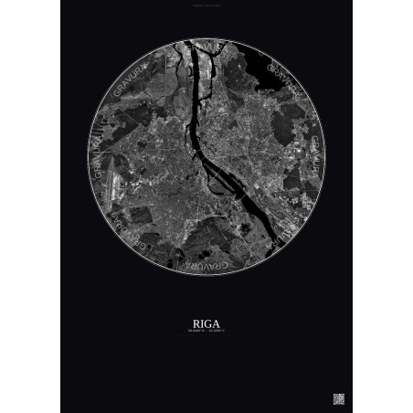 Affiche Riga – Poster vue satellite 10km N&B | Gravura – Fond foncé