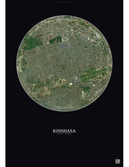 Affiche Kinshasa – Poster vue satellite 2.5km Couleur | Gravura – Fond foncé