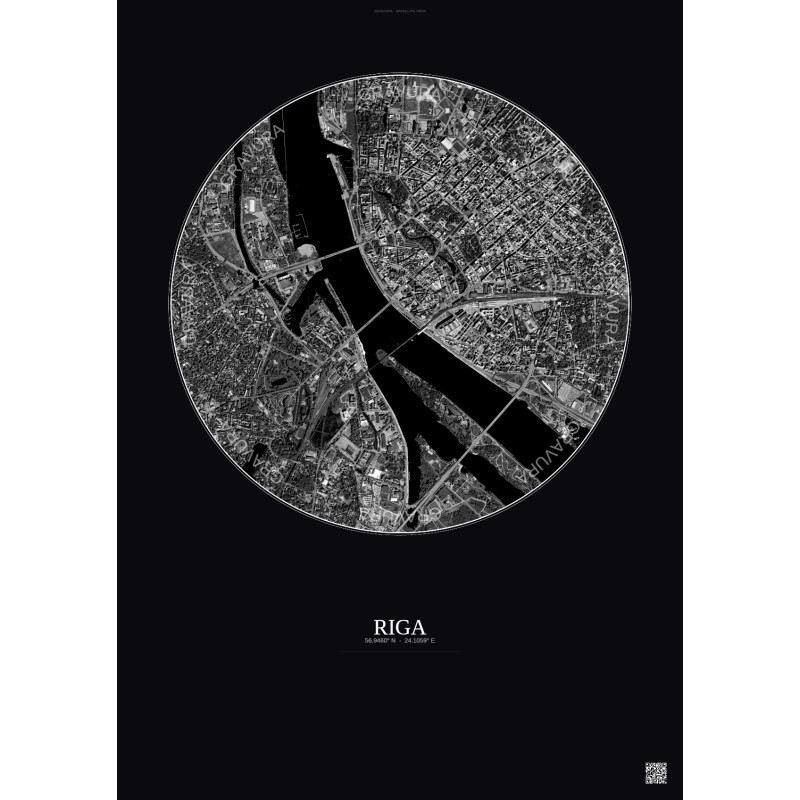 Affiche Riga – Poster vue satellite 2.5km N&B | Gravura – Fond foncé