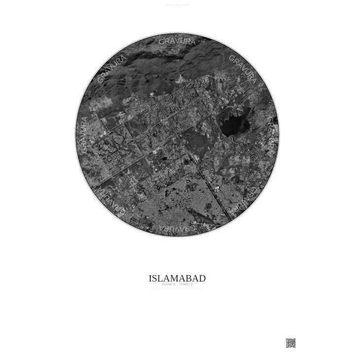 Affiche Islamabad – Poster vue satellite 10km N&B | Gravura – Fond clair
