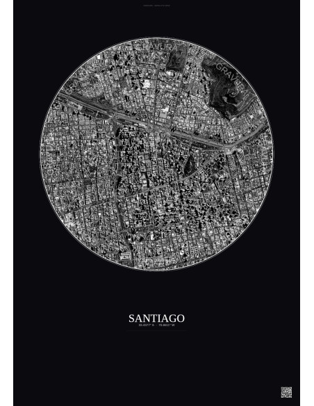 Santiago Satellite View Poster 2.5km B&W | Gravura – Dark background