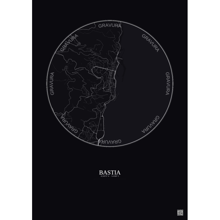 Affiche Bastia – Poster carte de ville 2.5km | Gravura – Fond foncé