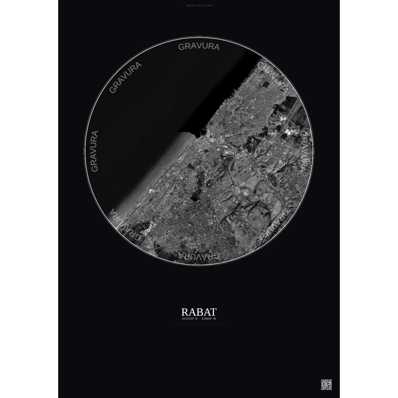 Affiche Rabat – Poster vue satellite 10km N&B | Gravura – Fond foncé