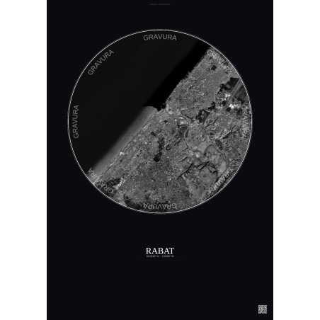 Affiche Rabat – Poster vue satellite 10km N&B | Gravura – Fond foncé