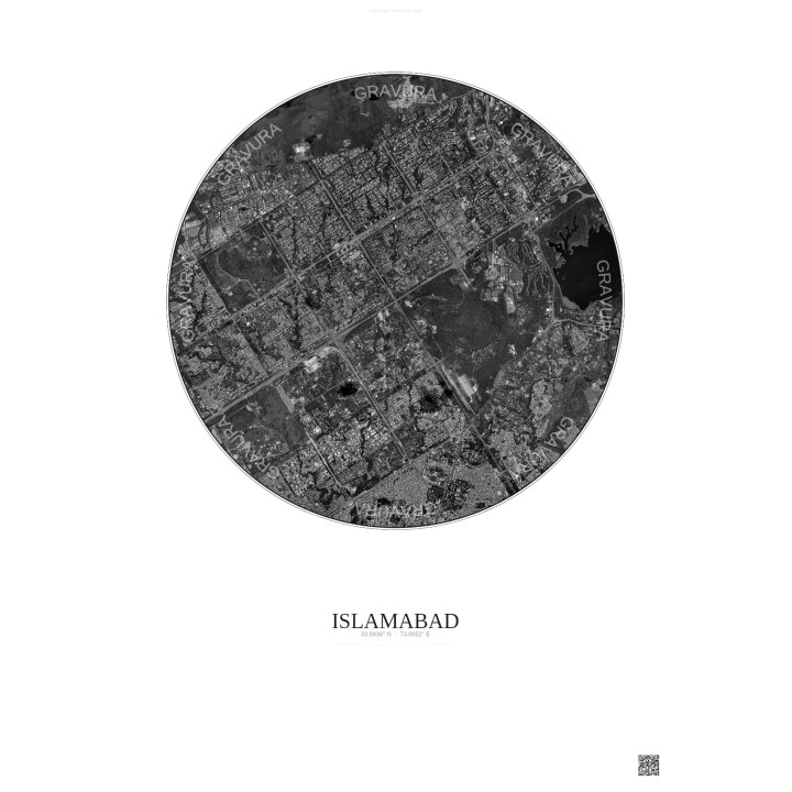 Affiche Islamabad – Poster vue satellite 6km N&B | Gravura – Fond clair
