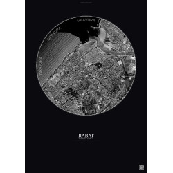 Affiche Rabat – Poster vue satellite 2.5km N&B | Gravura – Fond foncé