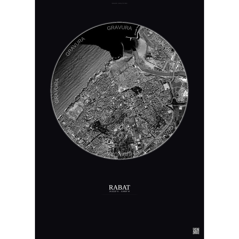 Affiche Rabat – Poster vue satellite 2.5km N&B | Gravura – Fond foncé