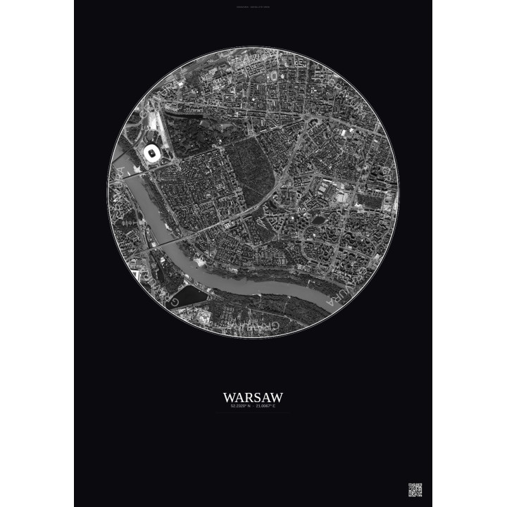 Affiche Warsaw – Poster vue satellite 2.5km N&B | Gravura – Fond foncé