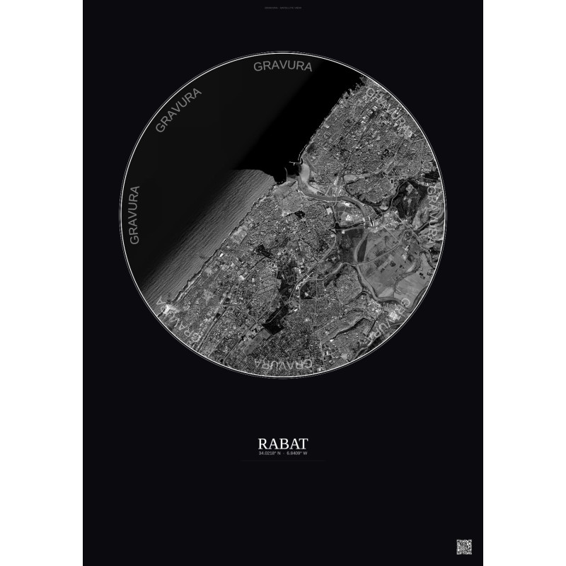 Affiche Rabat – Poster vue satellite 6km N&B | Gravura – Fond foncé