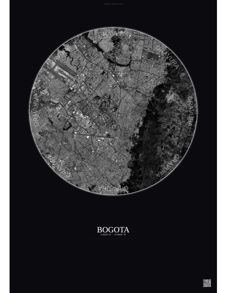 Affiche Bogota – Poster vue satellite 10km N&B | Gravura – Fond foncé