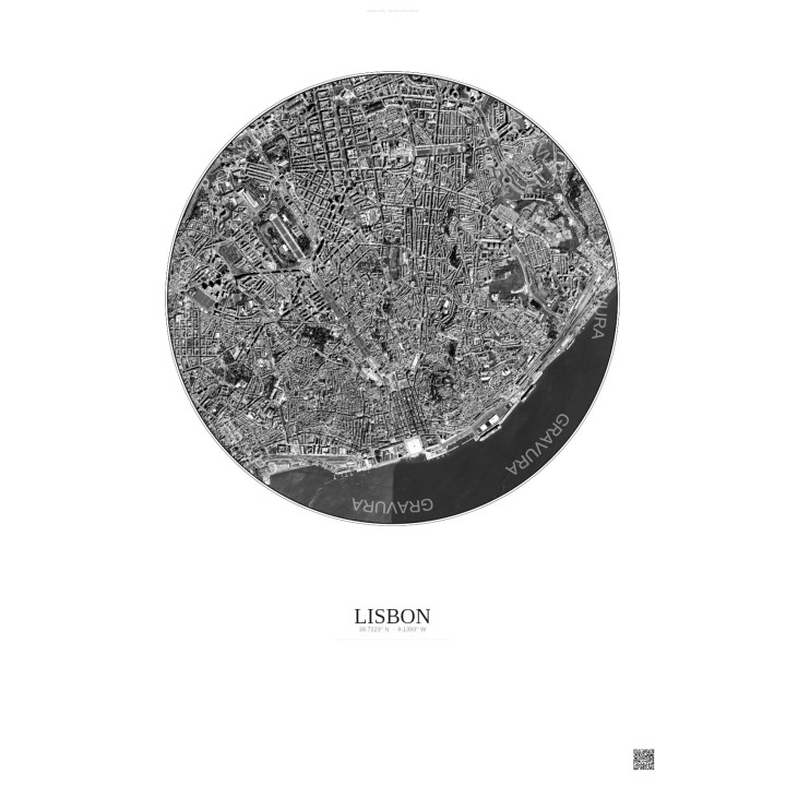 Affiche Lisbon – Poster vue satellite 2.5km N&B | Gravura – Fond clair