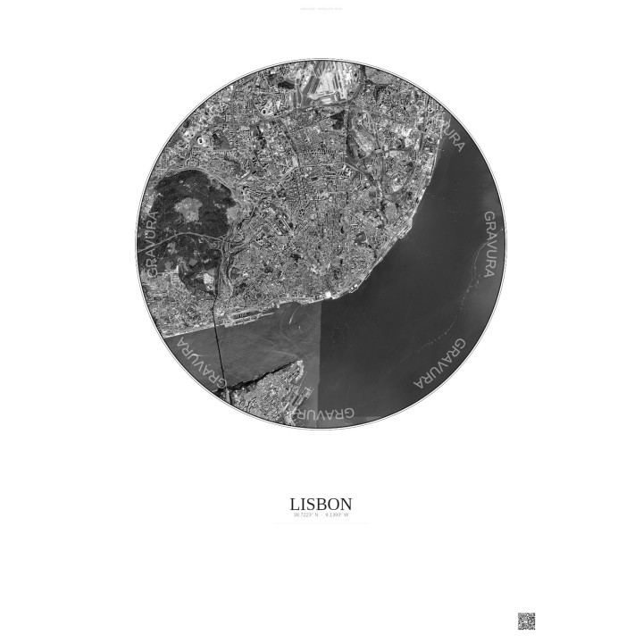 Affiche Lisbon – Poster vue satellite 6km N&B | Gravura – Fond clair