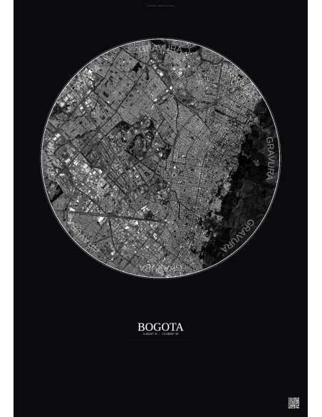 Affiche Bogota – Poster vue satellite 6km N&B | Gravura – Fond foncé