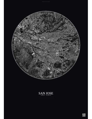 Affiche San Jose – Poster vue satellite 10km N&B | Gravura – Fond foncé