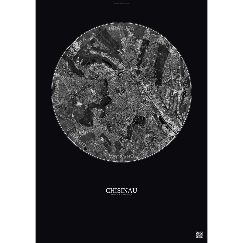 Affiche Chisinau – Poster vue satellite 6km N&B | Gravura – Fond foncé