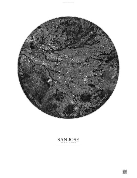 San Jose Satellite View Poster 10km B&W | Gravura – Light background
